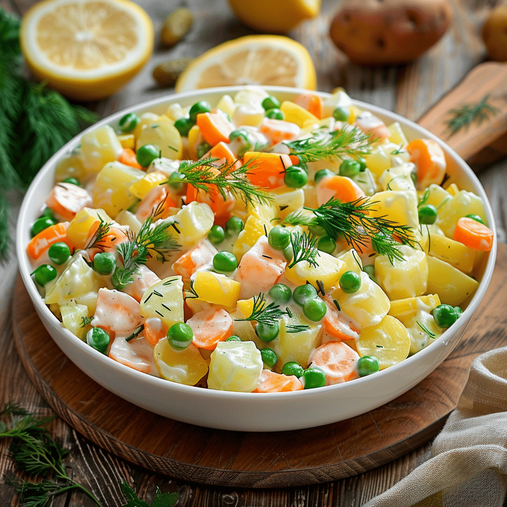 una foto de sallata ruse en un plato, receta de chef goya