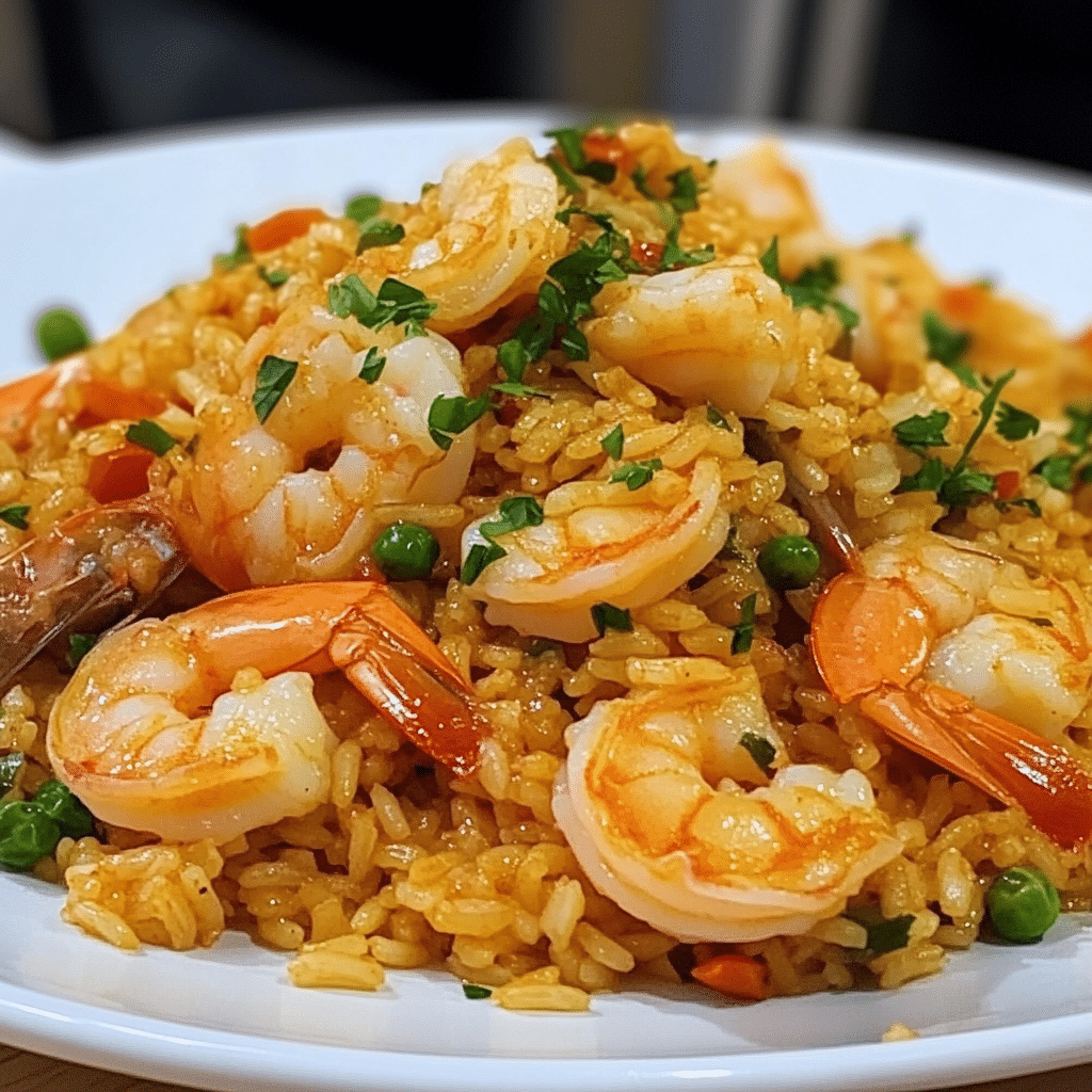 Un plato con Arroz con Camarones, una receta fácil y rápido para hacer, receta de Chef Goya.