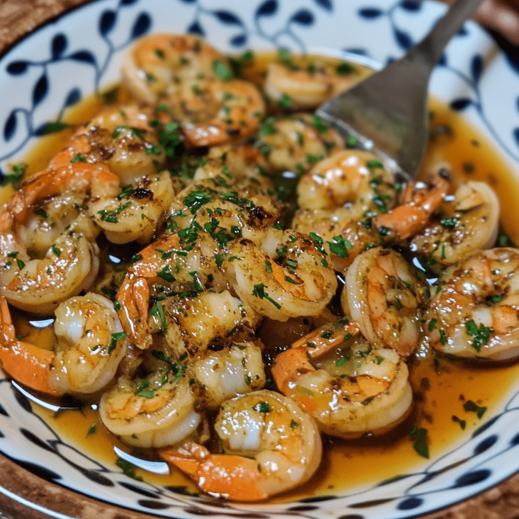 Un plato con camarones al ajillo estilo español, super delicioso y lo puedes disfrutar, receta de Chef Goya.