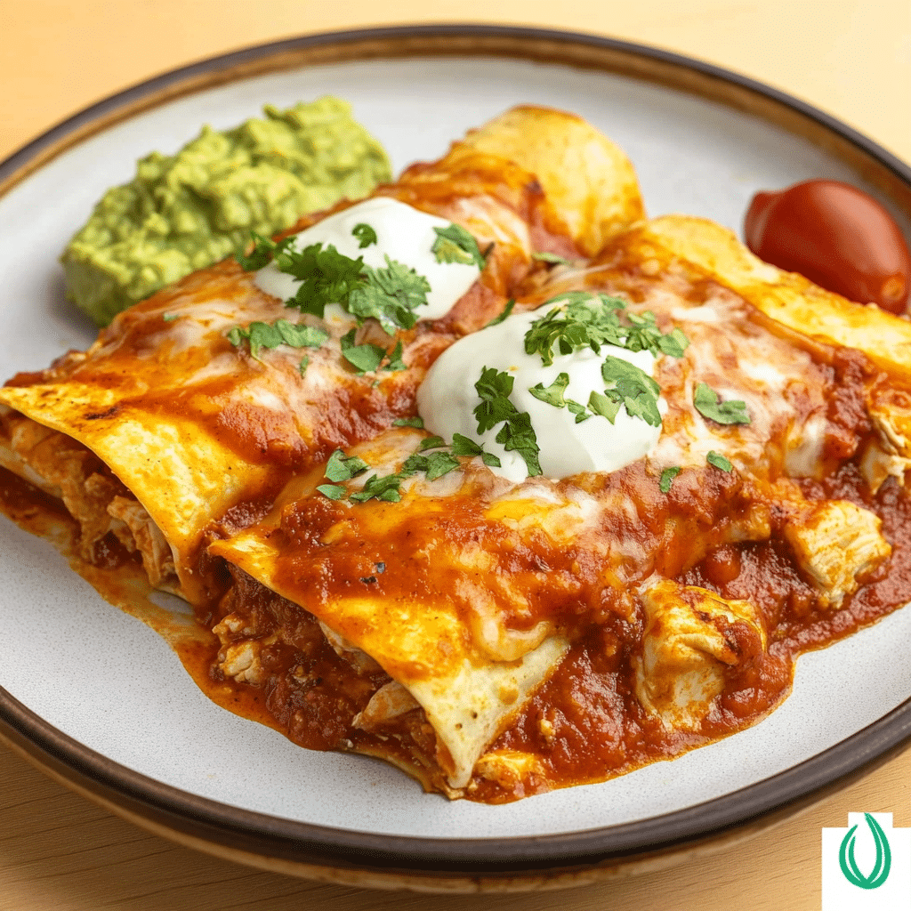 Un plato con enchiladas de pollo, listas para compartir en familia, receta de Chef Goya