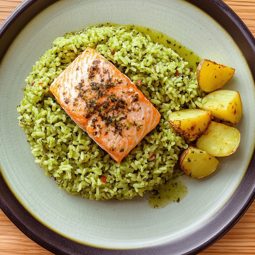 Un plato de arroz verde listo para disfrutar con tu proteina favorita. receta de Chef Goya