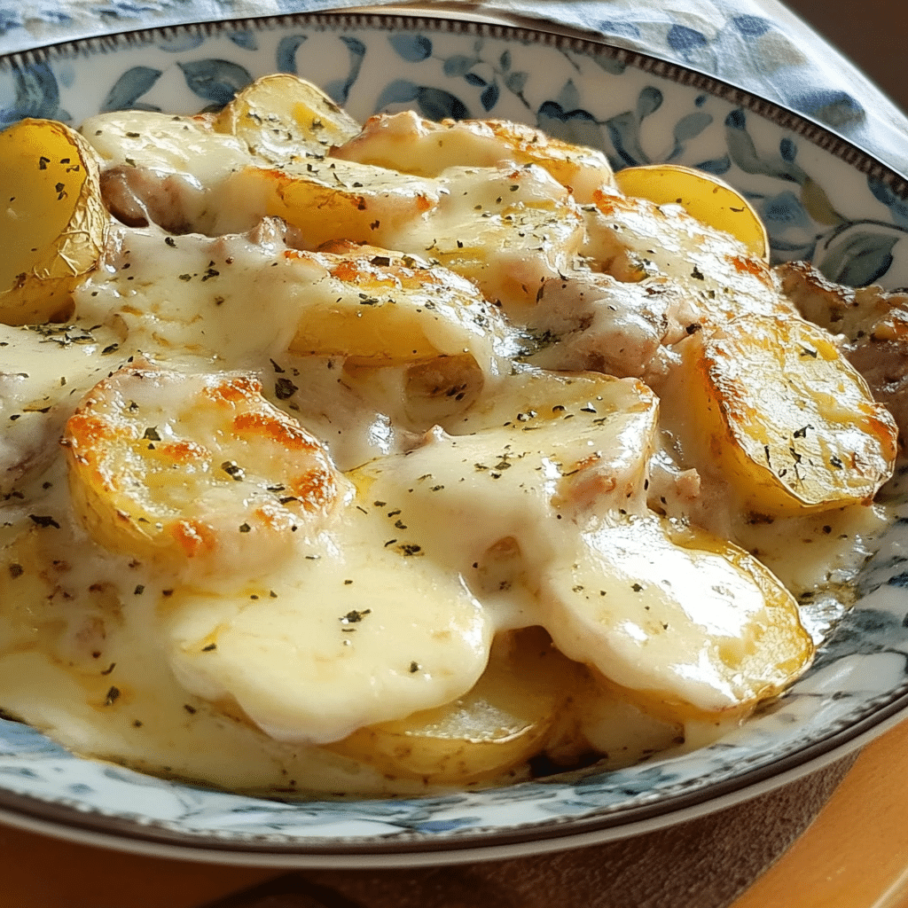 Un plato con papas gratinadas, ideal para disfrutar con carne o individualmente, receta de Chef Goya.