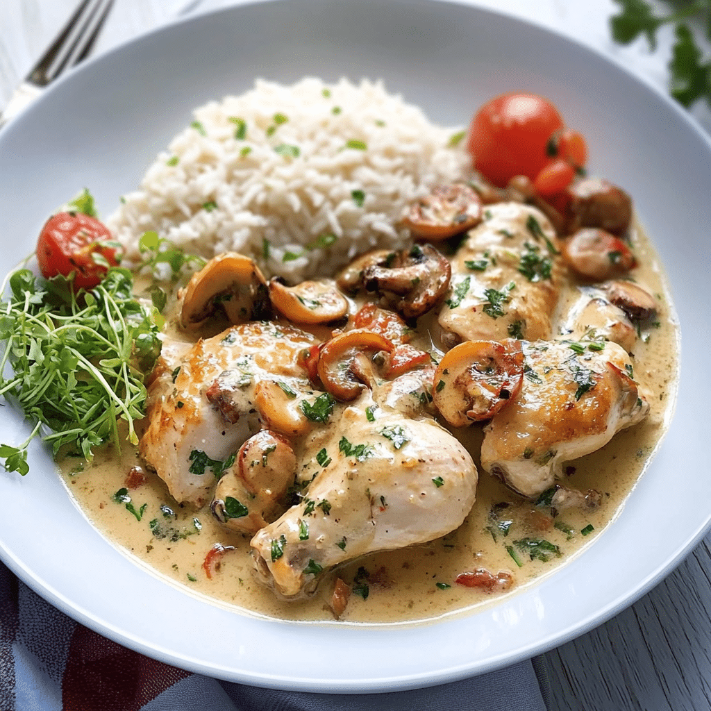 Un plato con pollo con champiñones, lista para disfrutar como prefieras, receta de Chef Goya