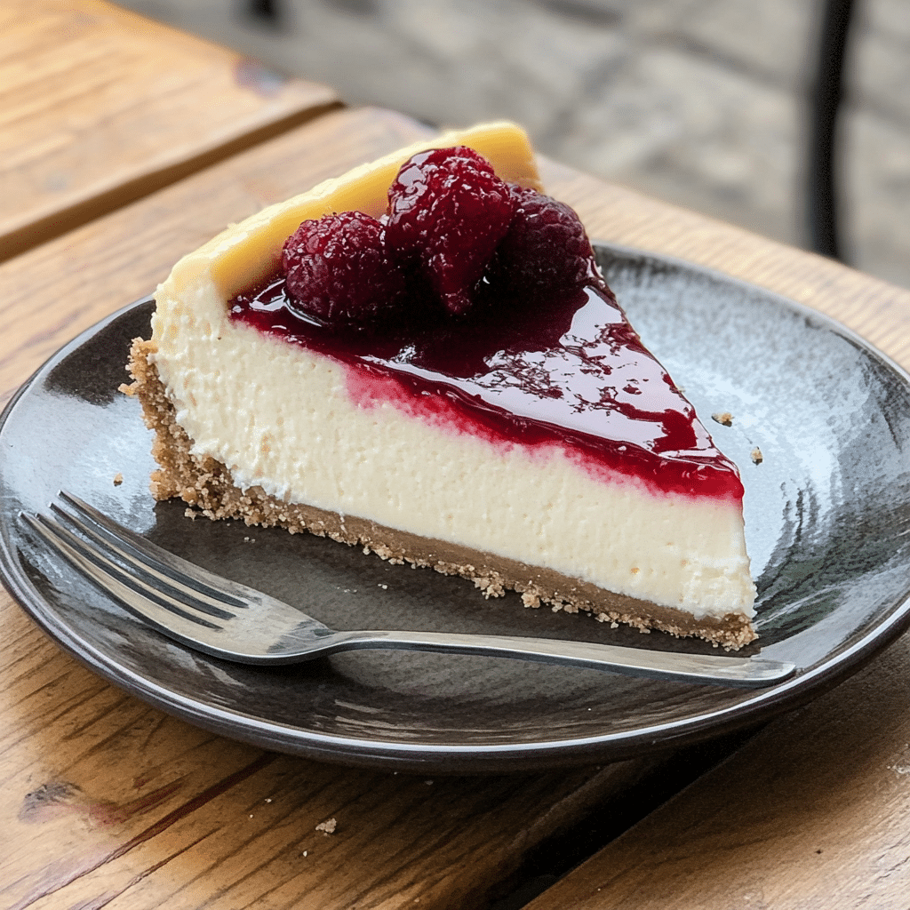 Un plato con una porcion de cheesecake, un postre delicioso que puedes hacer desde casa, receta de Chef Goya.