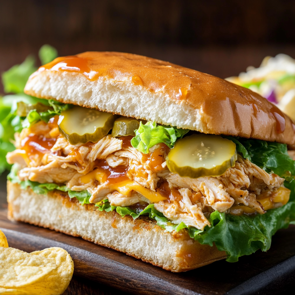 Un Sándwich de Pollo Desmenuzado, listo para disfrutar en tu hora de almuerzo, receta de Chef Goya