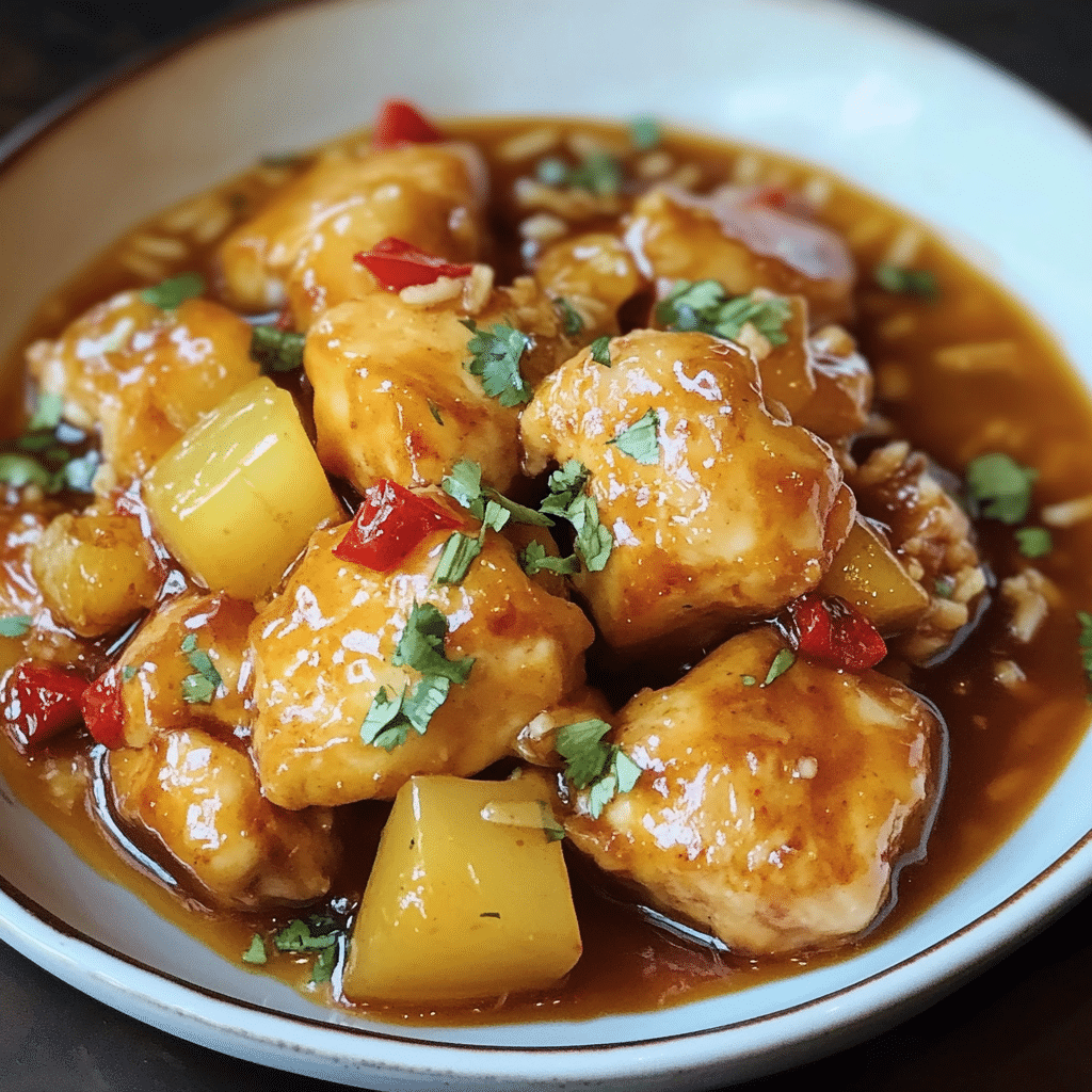 Un plato de Pollo con Piña, si deseas una combinación de pollo y algo dulce, receta de Chef Goya.