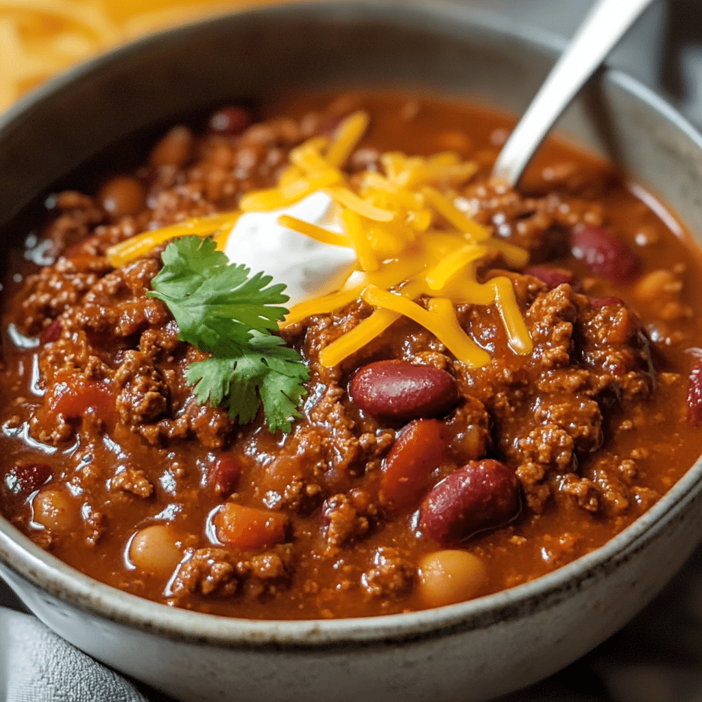 Un plato de chili con carne molida, si deseas una receta deliciosa y fácil de hacer, receta de Chef Goya.