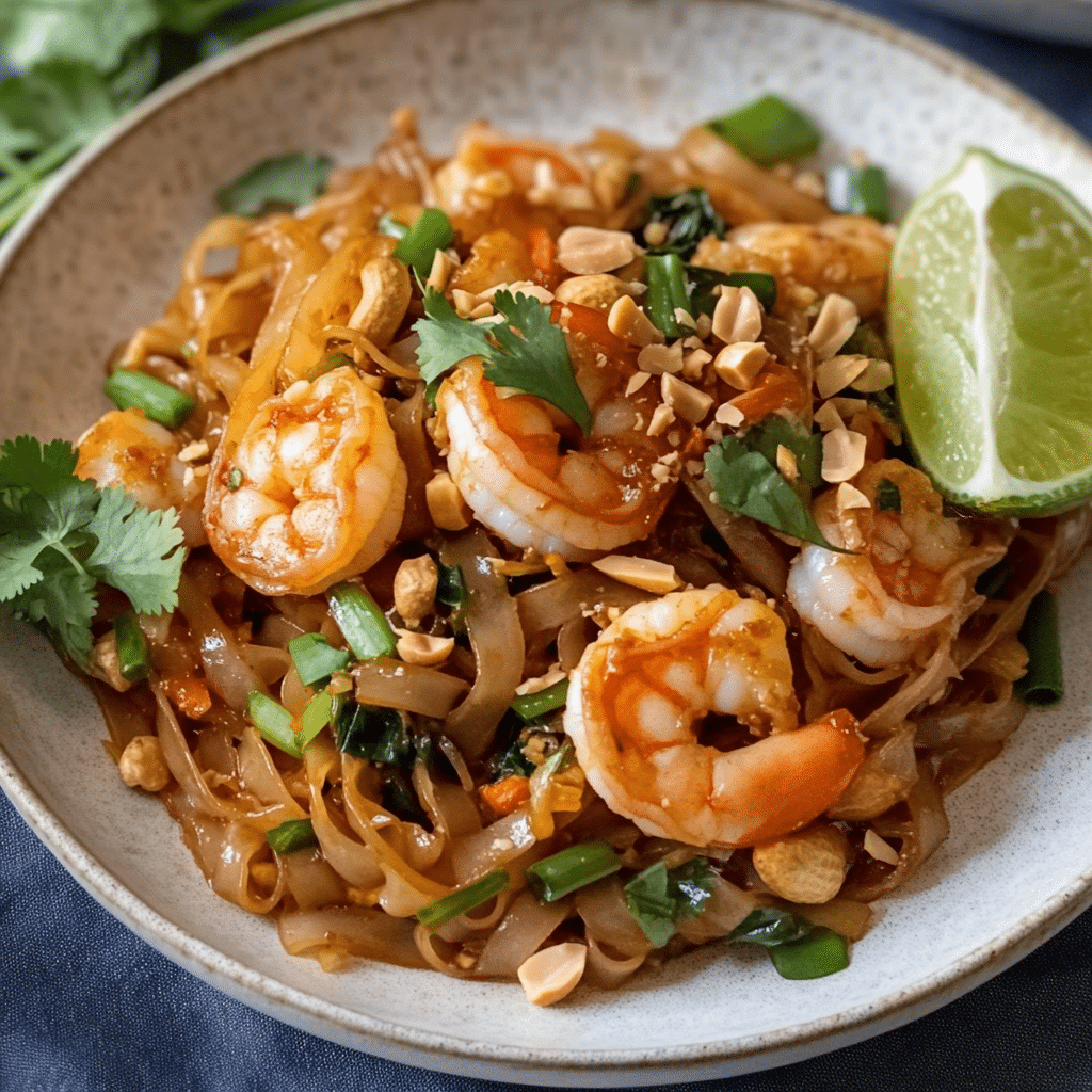 Un plato con Pad Thai de camarones, si necesitas hacer algo fácil de hacer para tu comida, receta de Chef Goya.