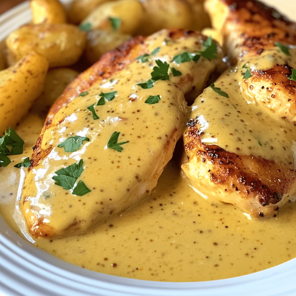 Un plato con pollo a la mostaza, ideal si deseas una receta diferente, receta de Chef Goya.