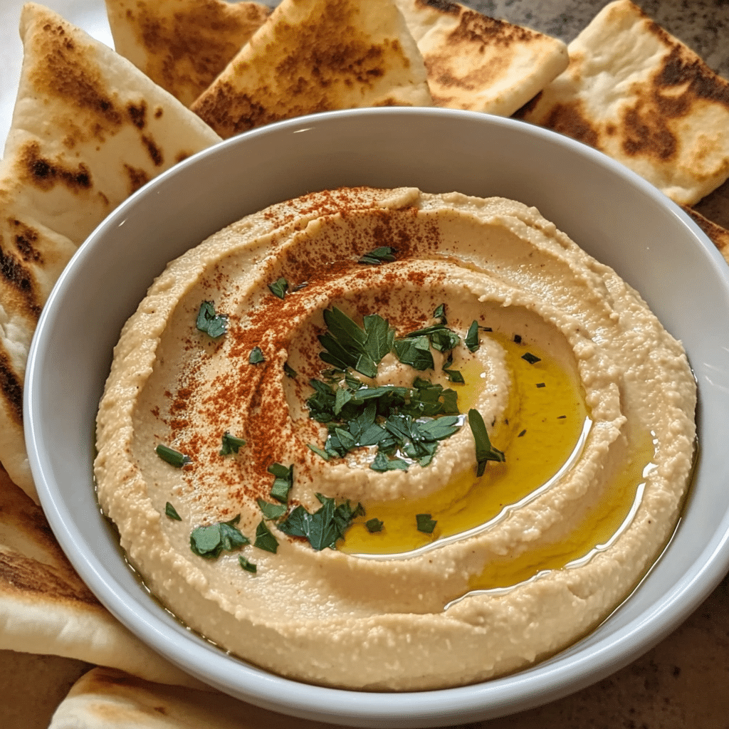 Un plato con hummus, si quieres intentar esta receta en casa, receta de Chef Goya.