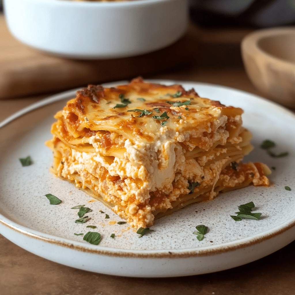 Un plato con lasagna de pollo, por si deseas una variacion de la versión original de carne, receta de Chef Goya.