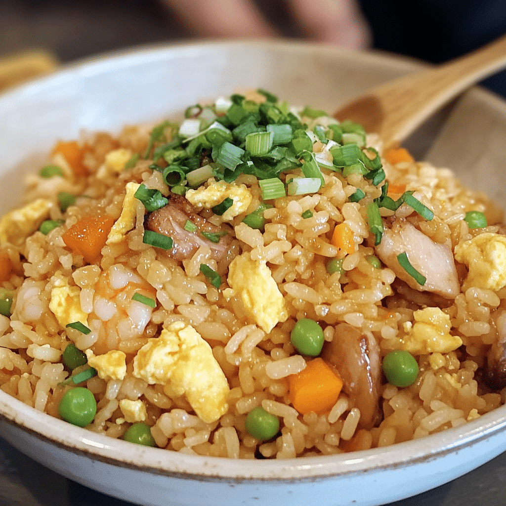 Un plato con arroz frito chino, una opción ideal si deseas algo rápido y rico por hacer, receta de Chef Goya.