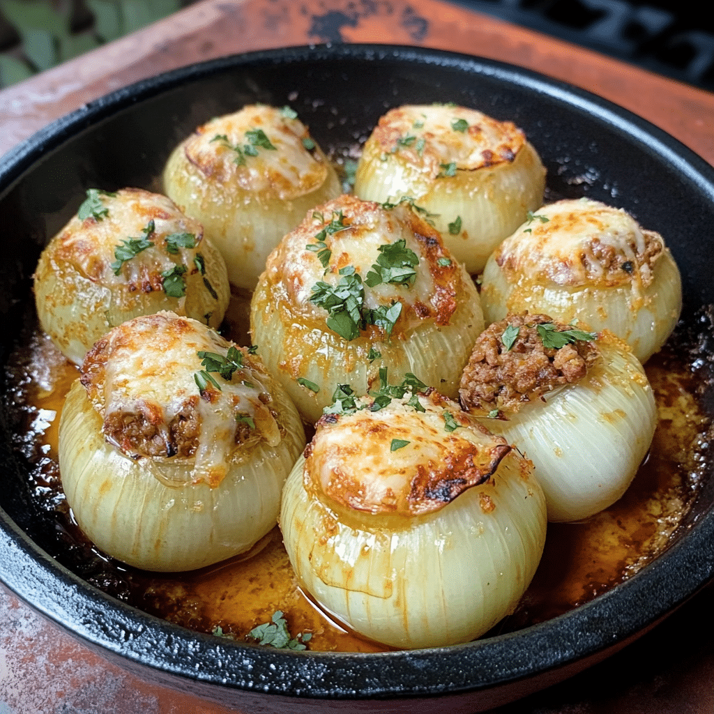 Un plato con cebollas rellenas, si deseas un sabor diferente a tus comidas, receta de Chef Goya