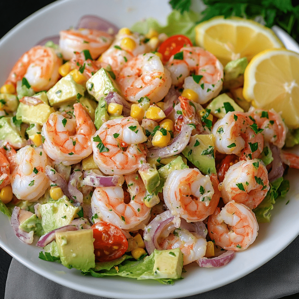 Un plato con ensalada de camaron, si deseas una receta nutritiva, receta de Chef Goya.