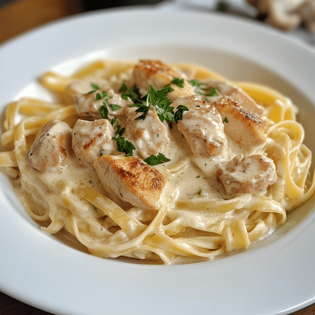 Un plato con pasta alfredo con pollo, si deseas preparar una receta deliciosa, receta de Chef Goya.