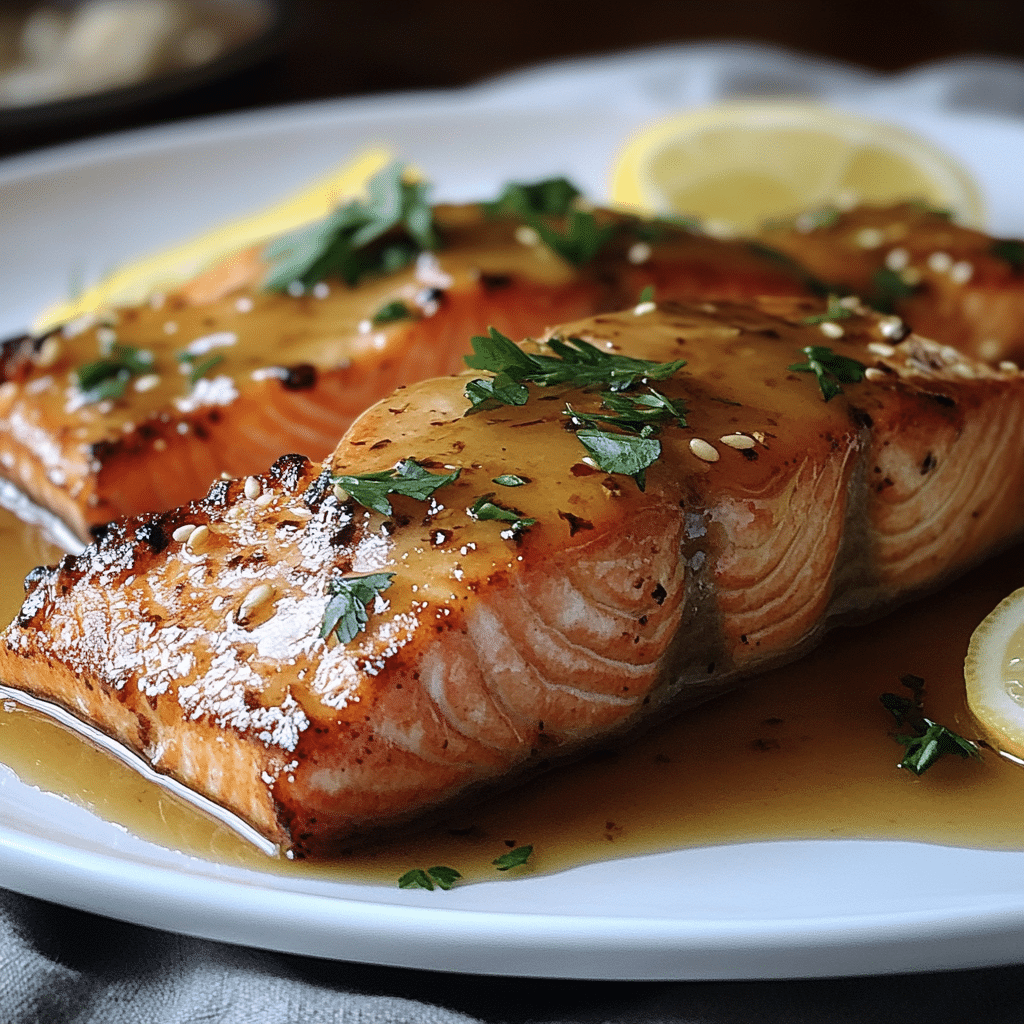 Un plato con salmón con miel, si deseas algo delicioso para comer, receta de Chef Goya.