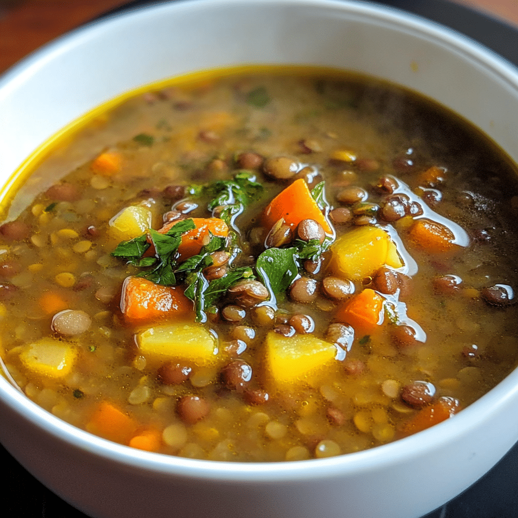 Un plato con sopa de lentejas, si deseas algo nutritivo,receta de Chef Goya.
