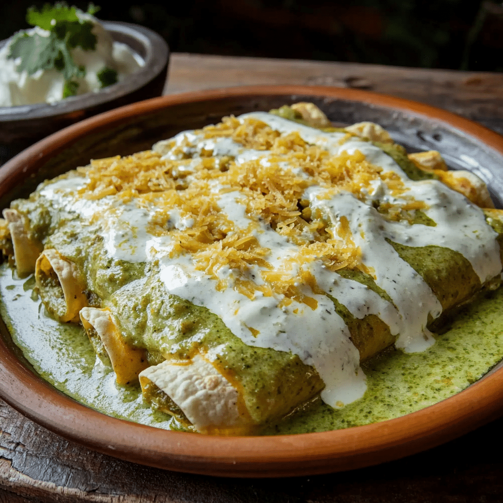Un plato con enchiladas suizas, si deseas un plato saludable y rico, receta de Chef Goya.