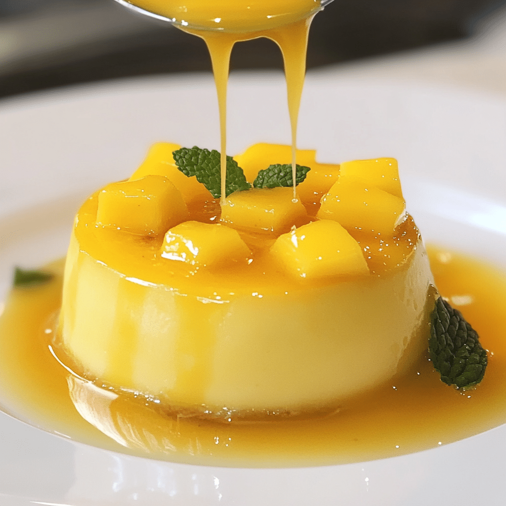 Un plato con flan de mango, si deseas un postre nutritivo, receta de Chef Goya.