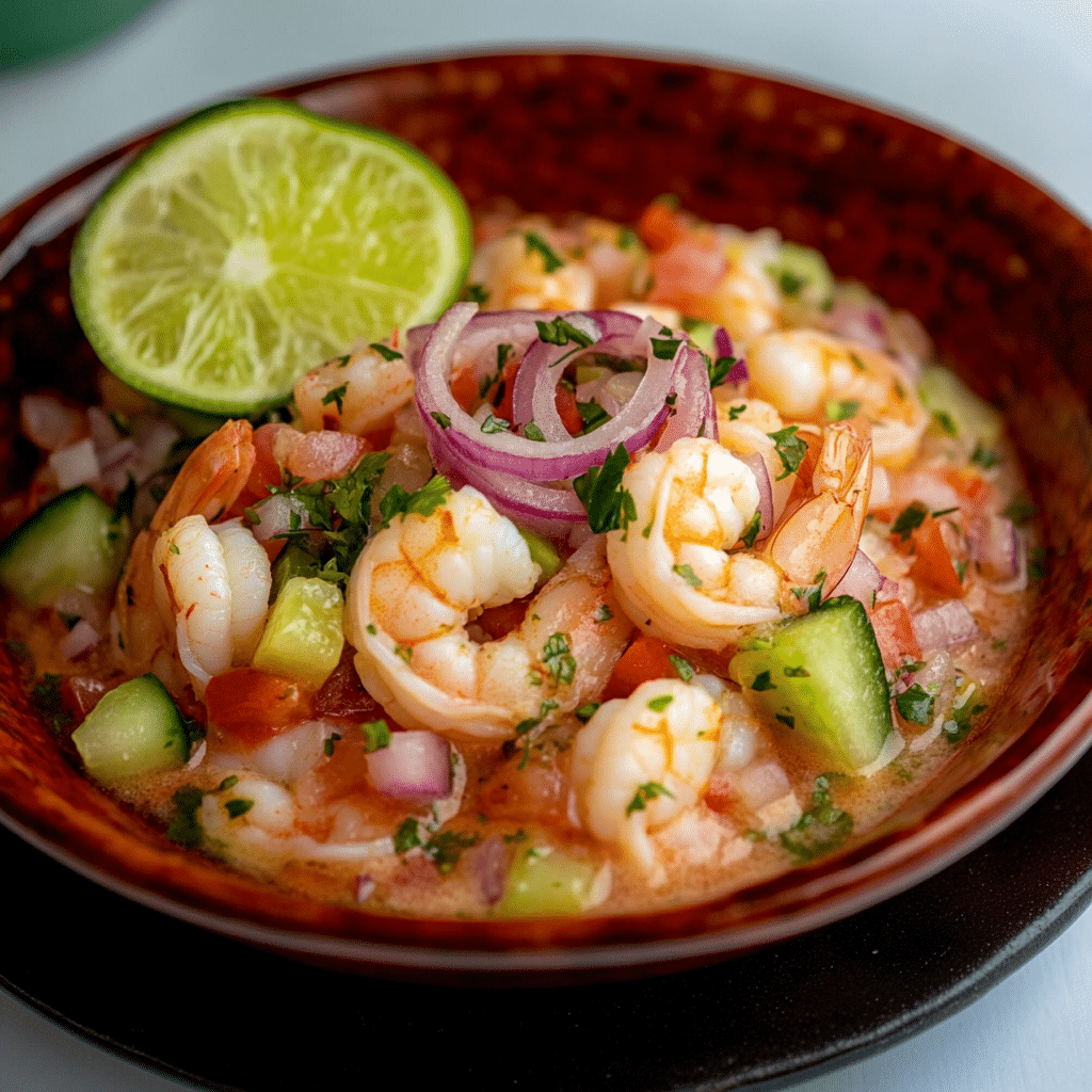 Un plato con ceviche de camarón, si deseas una entrada o aperitivo para tu almuerzo, receta de Chef Goya.