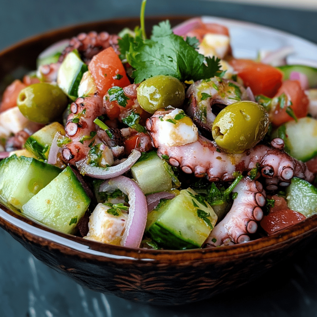 Un plato con ensalada de pulpo, si deseas una receta fácil de hacer, receta de Chef Goya.