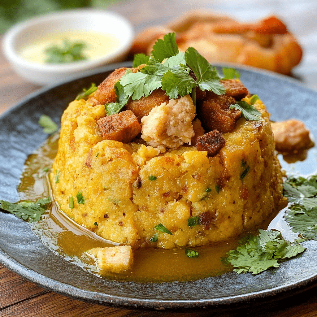 Un plato con mofongo dominicano, si deseas una receta diferente, receta de Chef Goya.