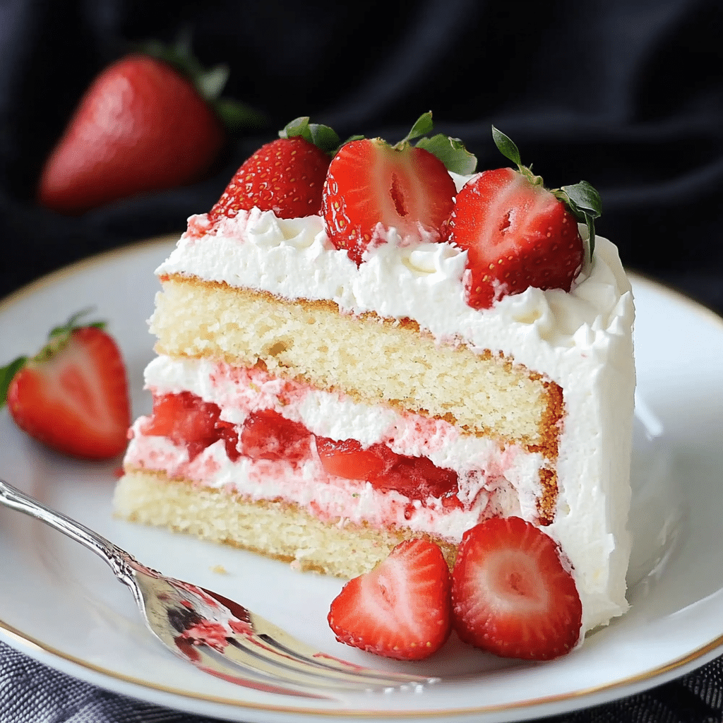 Un plato con pastel de fresa, si deseas un postre facil y delicioso, receta de Chef Goya.