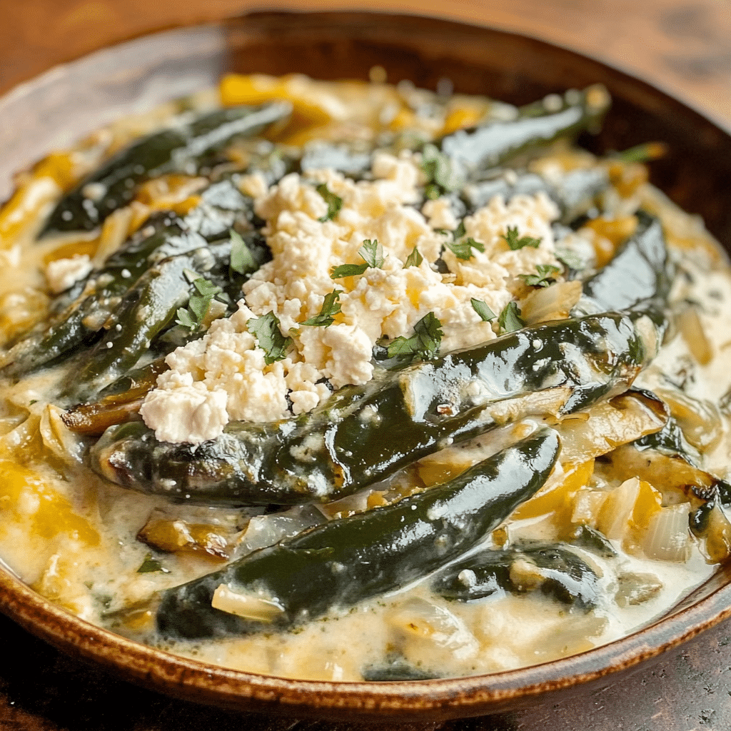 Un plato con rajas con crema, si deseas algo diferente para tu almuerzo, receta de Chef Goya.