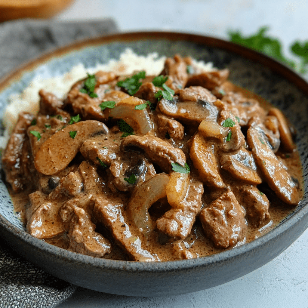 Un plato con Strogonoff de Carne, si deseas una receta diferente para tus almuerzos, receta de Chef Goya.