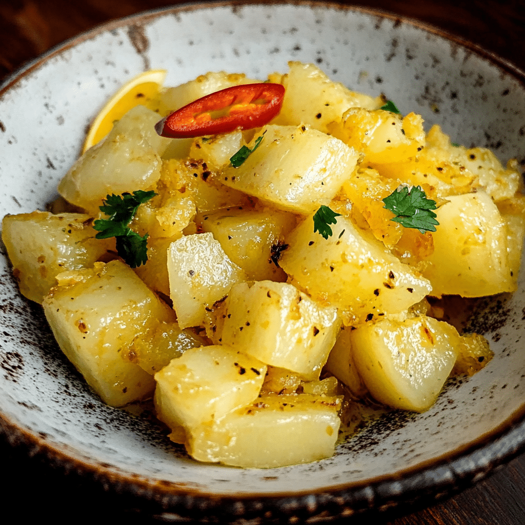 Un plato con yuca al ajillo, si deseas una receta perfecta para mejorar tu yuca, receta de Chef Goya.