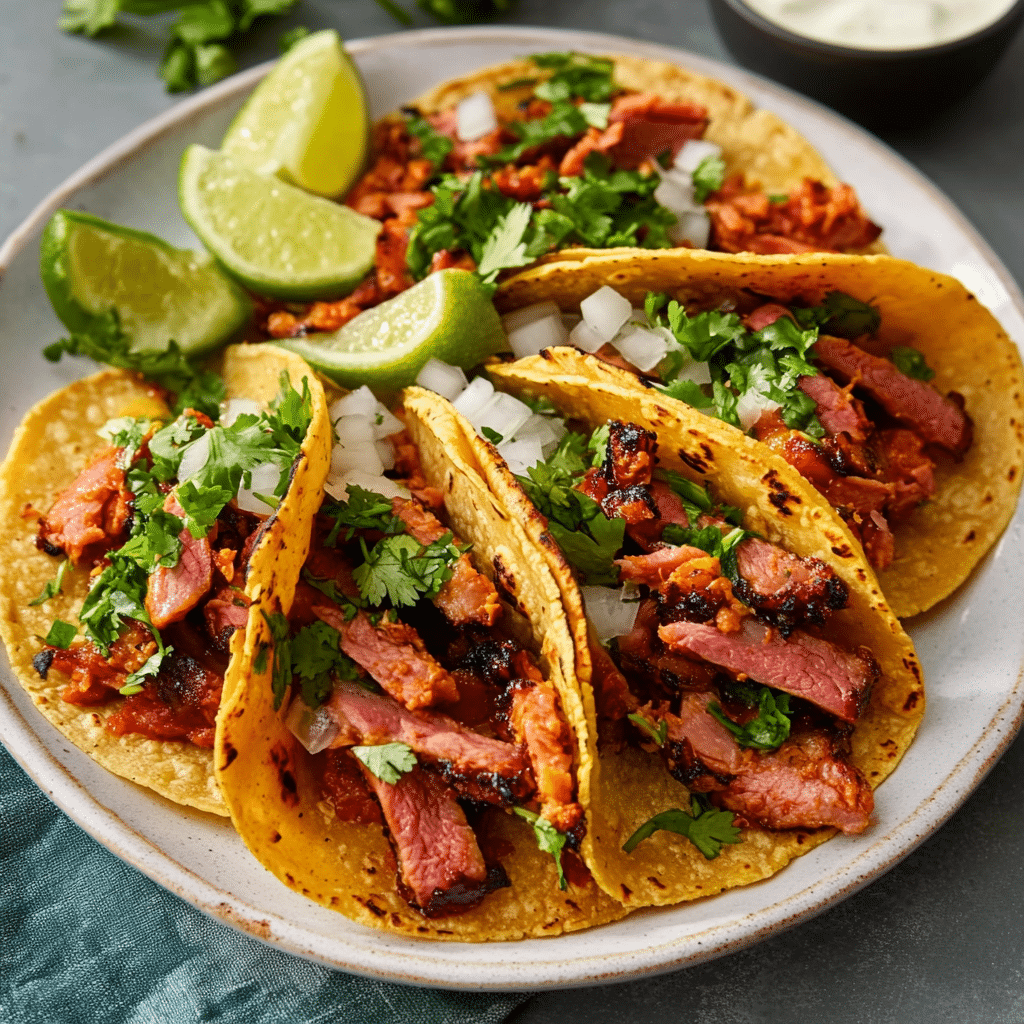 Un plato con tacos al pastor, si deseas una receta mexicana deliciosa, receta de Chef Goya.