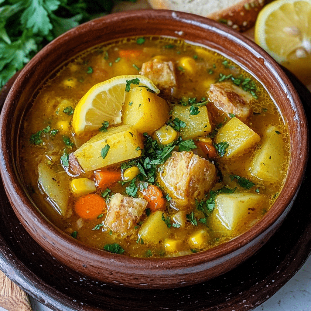Un plato con Sopa de Mondongo, si deseas una receta deliciosa y llena de vitamina, receta de Chef Goya.