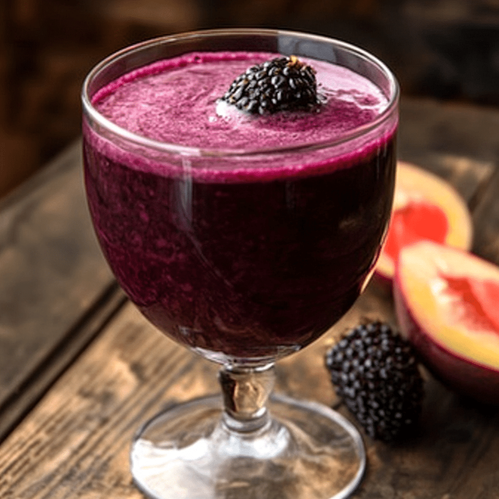 Un vaso con colada morada, si deseas una bebida rica y refrescante, receta de Chef Goya.