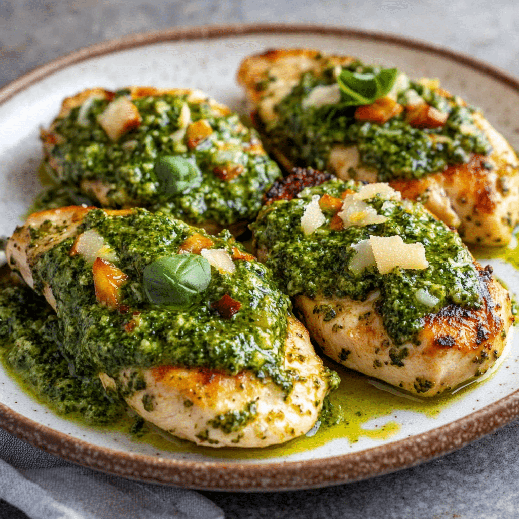 Un plato con pollo al pesto, si deseas una receta rica y nueva, receta de Chef Goya.