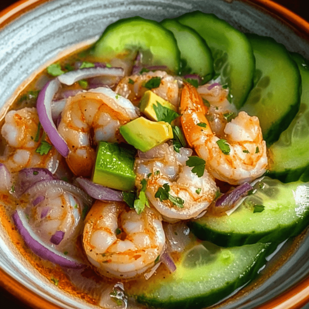 Un plato con aguachile de camaron, si deseas una receta nueva y fresca para esos dias calurosos, receta de Chef Goya.