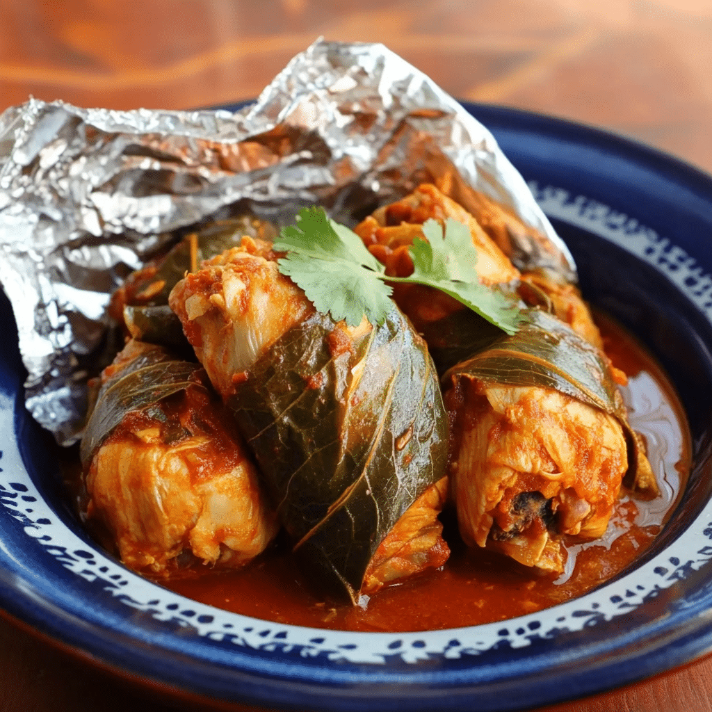 Un plato con mixiotes de pollo, si deseas una receta única para tus cenas, receta de Chef Goya.
