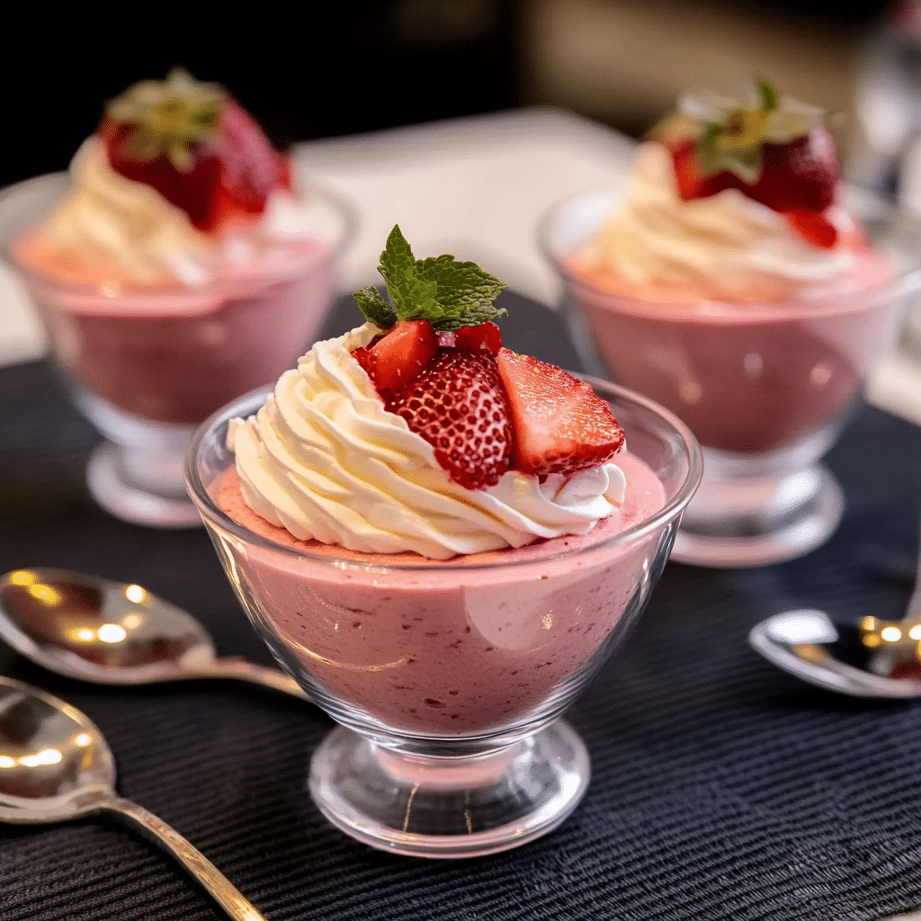 Un plato con mousse de fresa, si deseas un postre facil de hacer, receta de Chef Goya.