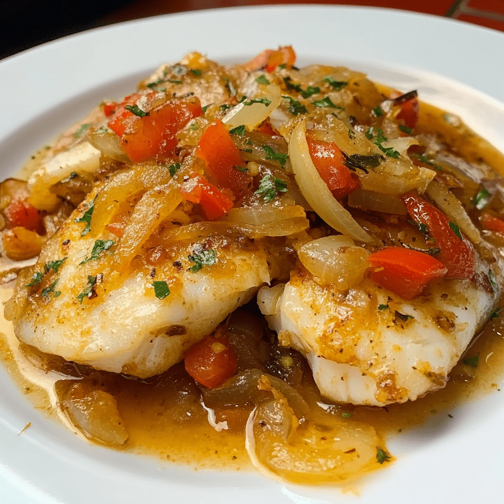 Un plato con pescado encebollado, si deseas una receta saludable y facil de hacer, receta de Chef Goya.