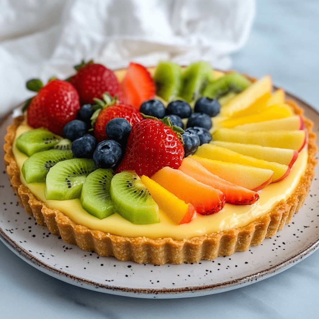 Un plato con tarta de frutas, si deseas un postre diferente para tus invitados, receta de Chef Goya.