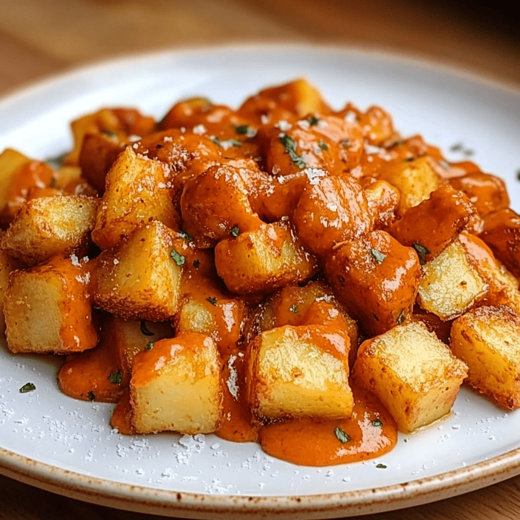 Un plato con papas bravas, si deseas una receta diferente de papas, receta de Chef Goya.