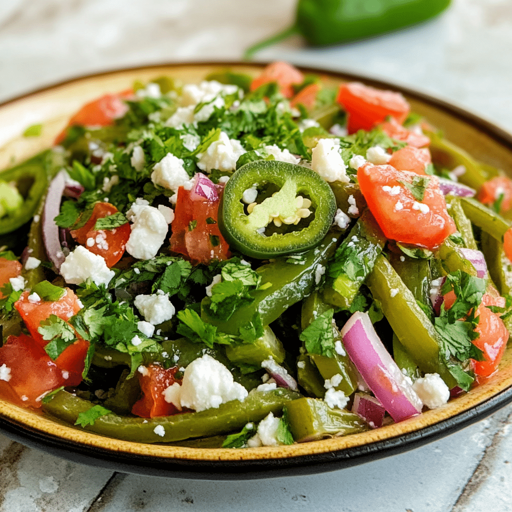 Un plato con ensalada de nopales, si deseas una receta diferente y con un sabor tipico mexicano, receta de Chef Goya.