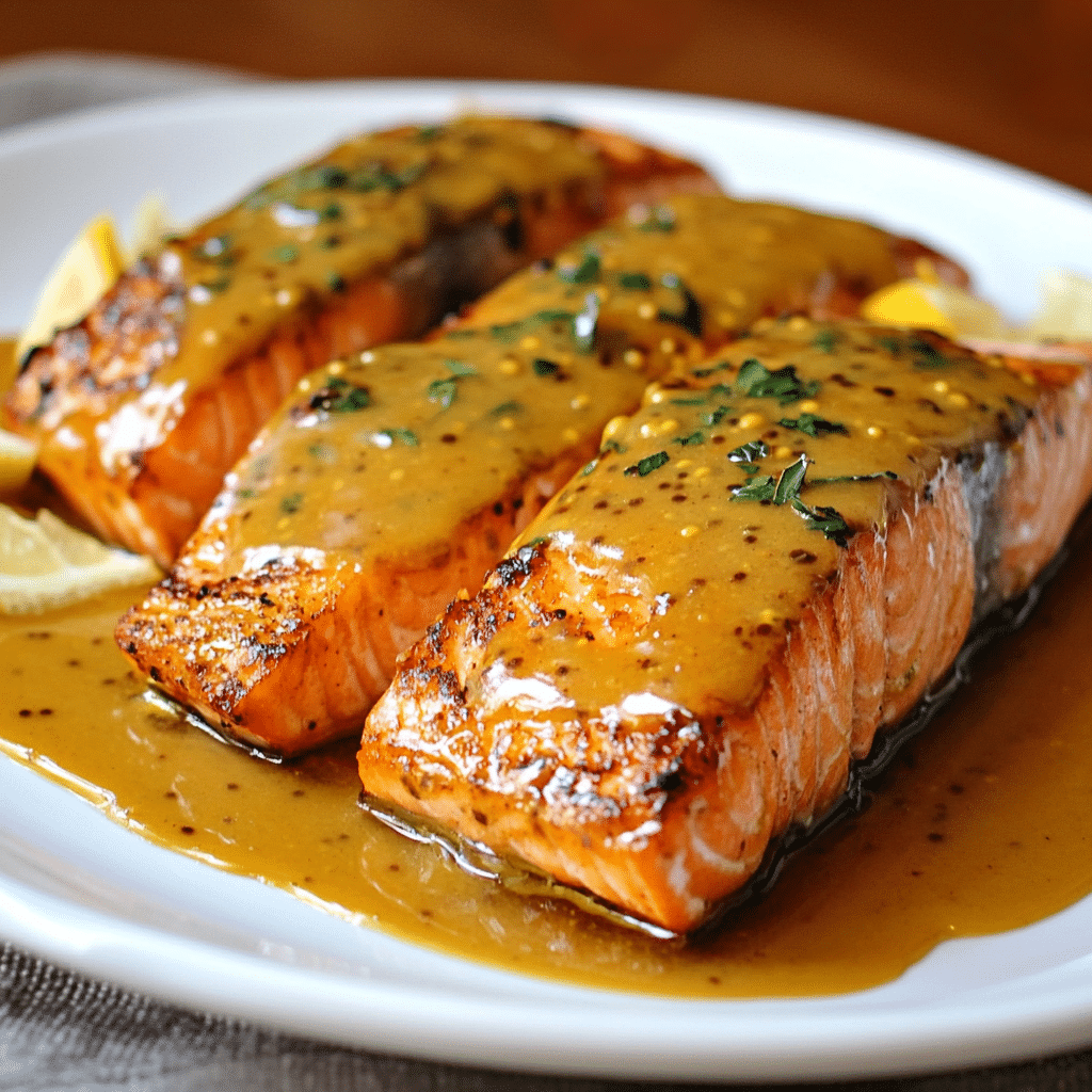 Un plato con salmon de mostaza, si deseas una receta diferente para probar en casa, receta de Chef Goya.