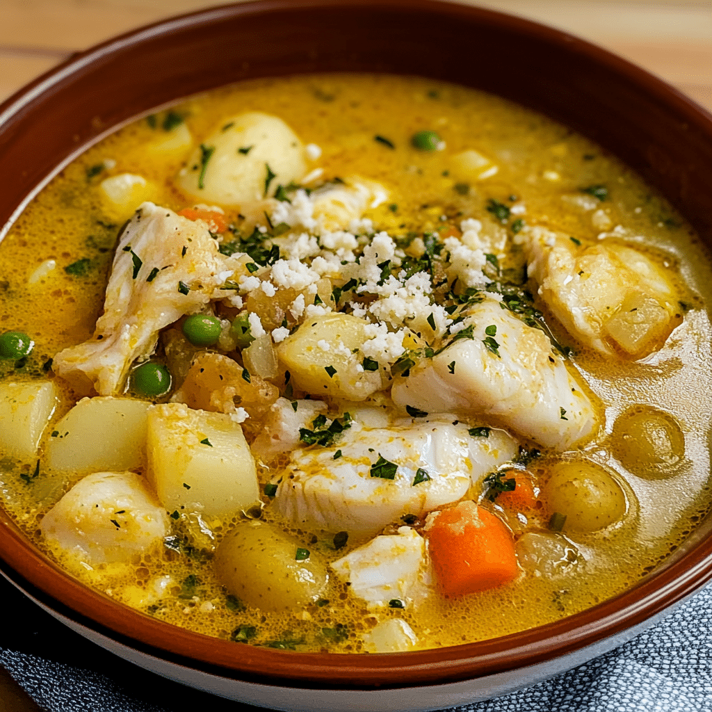 Un plato con chupe de pescado, si deseas una receta nutritiva, receta de Chef Goya.