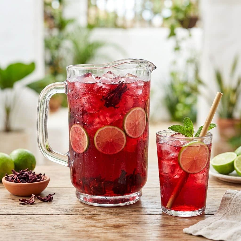 Agua de jamaica mexicana de flor de hibisco en jarra de vidrio con hielo