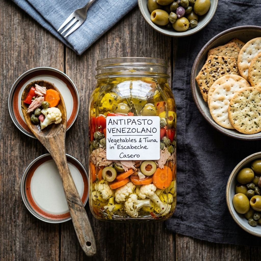 Antipasto venezolano casero en frasco con coliflor, aceitunas, alcaparras y atún en aceite