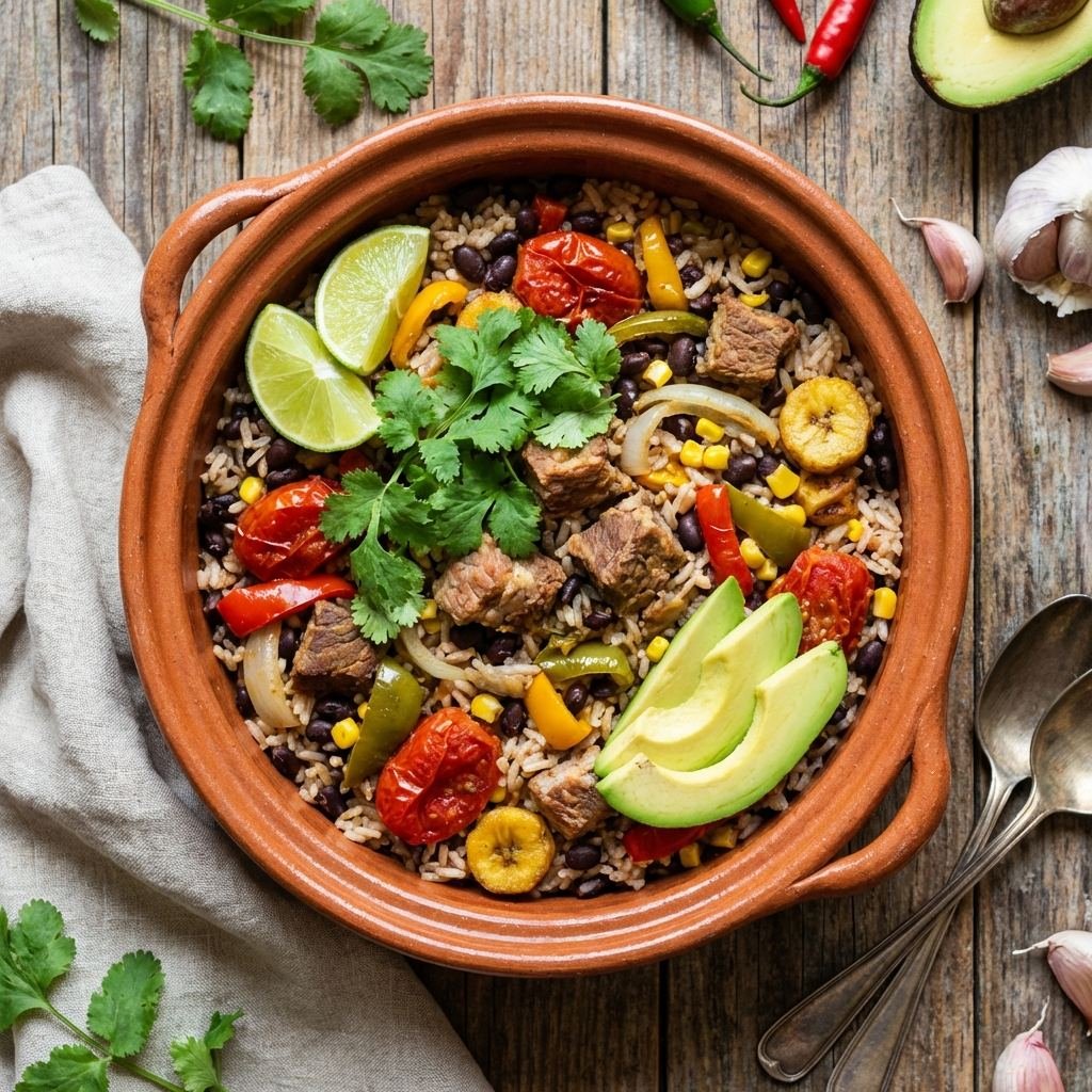 Arroz campesino cubano rústico con frijoles negros y trozos de cerdo en cazuela