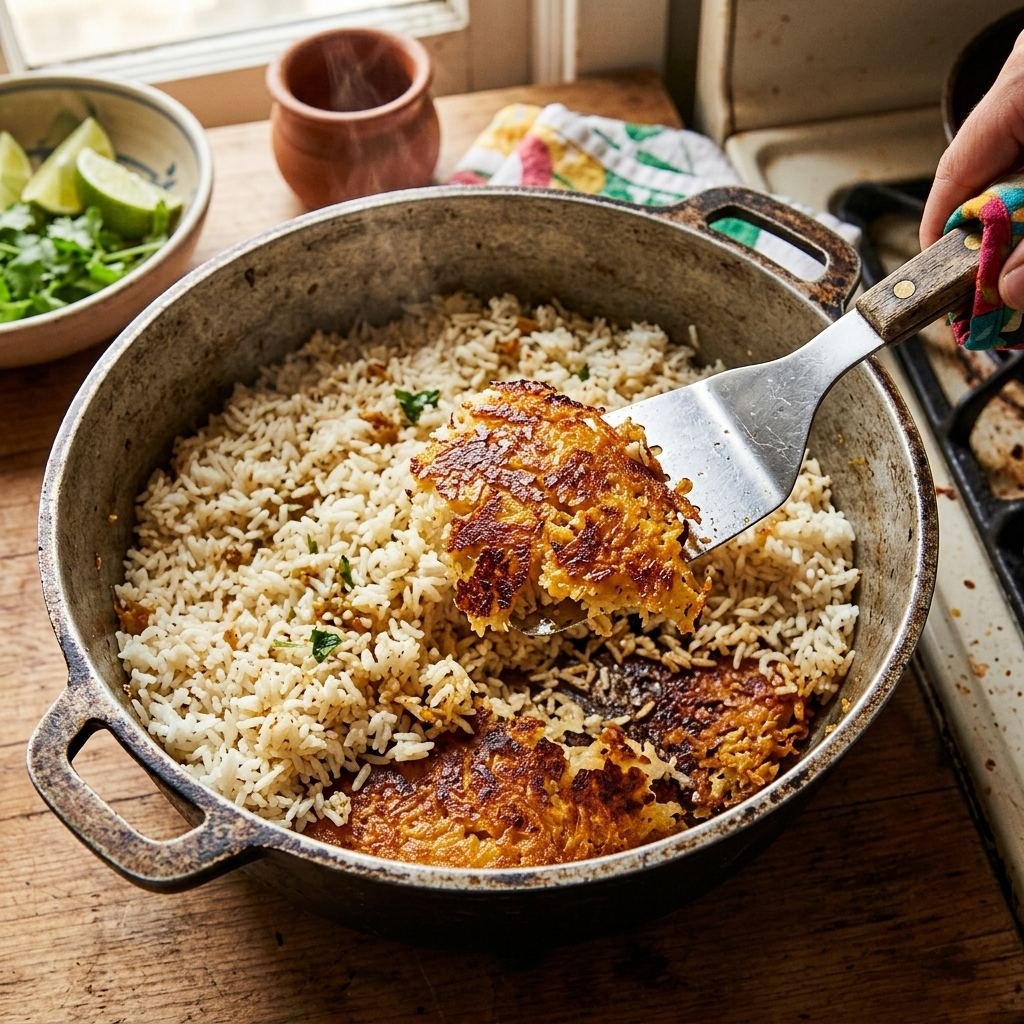 Arroz con cocolón puertorriqueño mostrando la costra dorada y crujiente del fondo del caldero