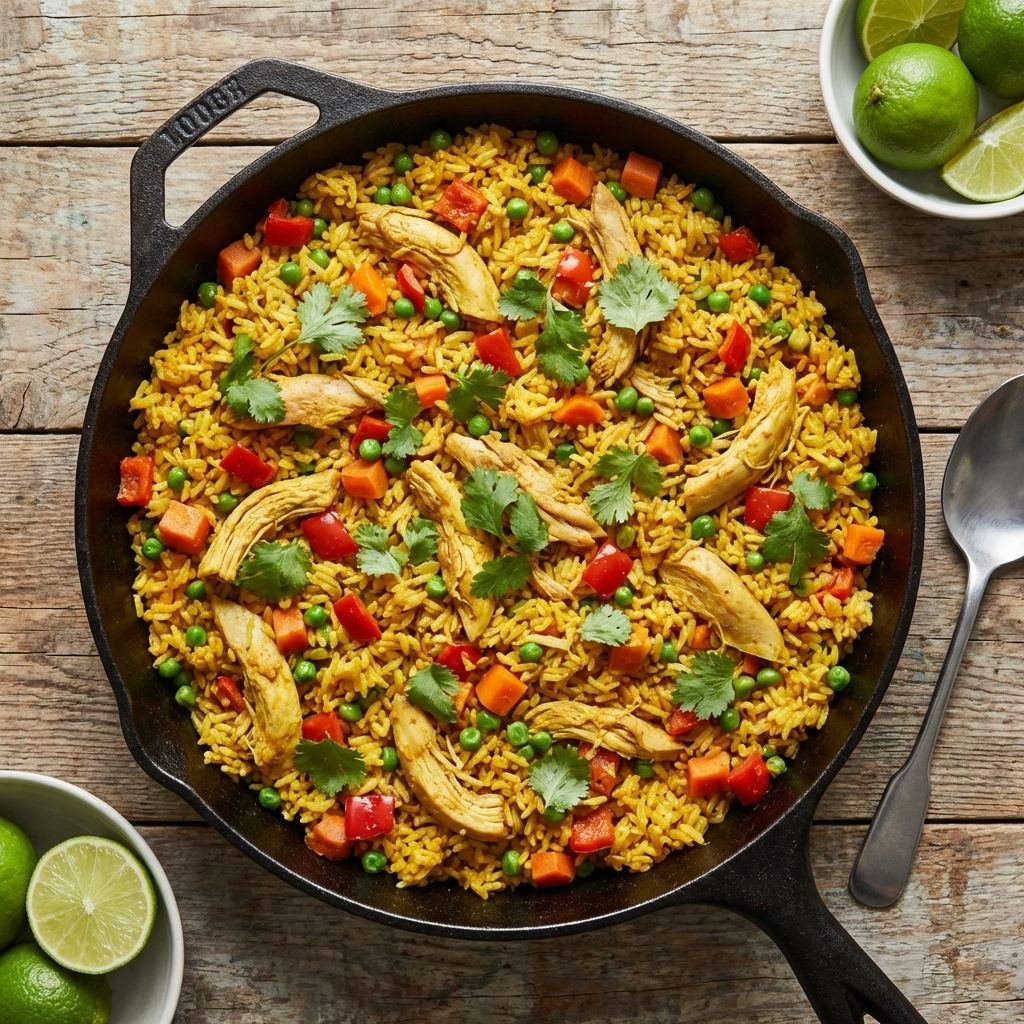 Arroz con pollo colombiano dorado con verduras y pollo en sartén