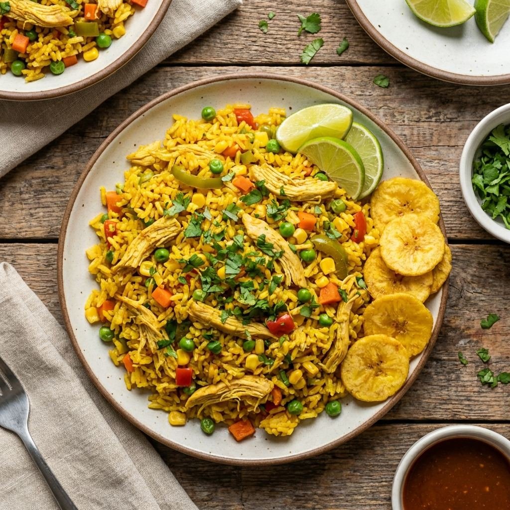 Arroz con pollo costarricense amarillo con pollo y vegetales frescos