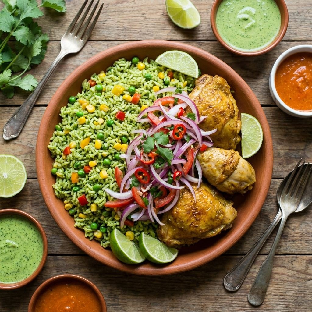 Arroz con pollo peruano con arroz verde y pollo tierno acompañado de salsa criolla